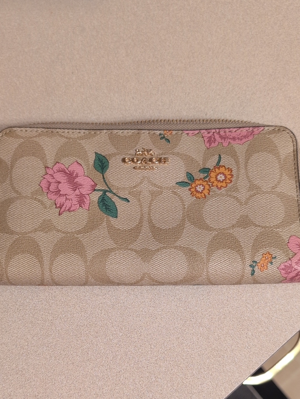 Coach Floral Signature Zip Wallet - Khaki with Pink & Orange Flowers